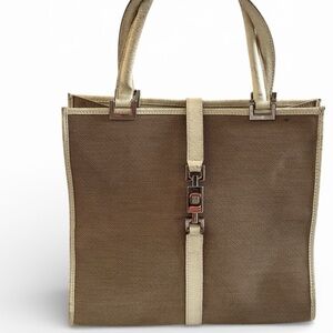 Vintage Gucci Jamie  Tan canvas and ivory leather Tote Bag